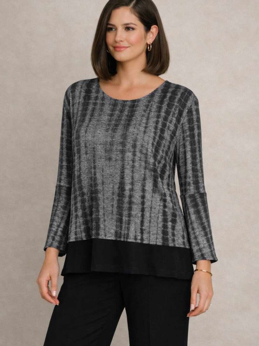 Andria Lieu Black and Gray Layered Long-Sleeve Women's Top Size Large